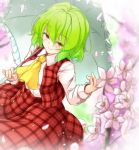  1girl aka_tawashi ascot bangs blush breasts commentary_request cowboy_shot eyebrows_visible_through_hair flower green_hair hair_between_eyes hand_up highres holding holding_umbrella kazami_yuuka large_breasts light_particles long_sleeves looking_at_viewer petals petticoat pink_flower plaid plaid_skirt plaid_vest red_eyes red_skirt red_vest shirt short_hair skirt skirt_set smile solo touhou umbrella vest white_shirt yellow_neckwear 