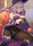  1girl bangs blush boots breasts chair closed_mouth commentary_request detached_sleeves dress dress_lift eyebrows_visible_through_hair gusset hair_between_eyes hat kibanda_gohan large_breasts long_hair looking_at_viewer navel original panties panties_under_pantyhose pantyhose silver_hair sitting solo thigh-highs thigh_boots thighs underwear violet_eyes wide_sleeves witch_hat 