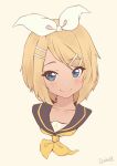  1girl beige_background blonde_hair blue_eyes blush bow collarbone commentary cropped_shoulders darahan english_commentary hair_bow hair_ornament hairclip kagamine_rin looking_at_viewer neckerchief portrait sailor_collar short_hair signature simple_background smile solo treble_clef vocaloid white_bow yellow_neckwear 