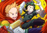  2boys akiyama_(noconoco) belt belt_pouch blonde_hair blue_eyes blue_pants boku_no_hero_academia cape clenched_hands clenched_teeth commentary_request covered_abs debris elbow_gloves freckles gloves green_eyes green_hair green_jumpsuit jumpsuit leg_up male_focus midoriya_izuku multiple_boys open_mouth orange_belt pants pouch red_cape red_gloves rock round_teeth short_hair simple_background spiky_hair teeth togata_mirio tongue v-shaped_eyebrows white_gloves yellow_background 
