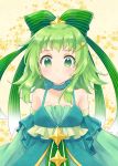  1girl bangs bare_shoulders blush bow breasts cleavage collarbone detached_sleeves earrings eyebrows_visible_through_hair eyes_visible_through_hair green_bow green_eyes green_hair gumi hair_bow hair_ornament hairclip jewelry long_sleeves looking_at_viewer medium_breasts medium_hair moriya_ako no_pupils outline solo star striped striped_bow upper_body vocaloid white_outline 