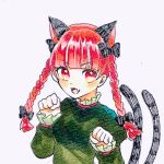  1girl :d animal_ears bangs blunt_bangs blush bow braid cat_ears dress eyebrows_visible_through_hair fang hair_bow highres kaenbyou_rin long_sleeves multiple_tails nekomata okometabetan open_mouth paw_pose red_eyes redhead skin_fang smile solo tail touhou traditional_media twin_braids two_tails upper_body v-shaped_eyebrows 