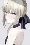  1girl artoria_pendragon_(all) artoria_pendragon_(lancer_alter) bangs bare_shoulders blonde_hair braid breasts choker commentary_request eyebrows_visible_through_hair face fate/grand_order fate_(series) from_side hair_between_eyes hair_ornament hair_ribbon highres ka1se1 large_breasts looking_at_viewer parted_lips ribbon short_hair simple_background sleeveless solo strapless white_background yellow_eyes 