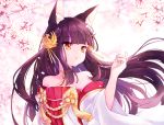  1girl animal_ear_fluff animal_ears azur_lane bangs bare_shoulders blurry blurry_background brown_hair cherry_blossoms commentary_request depth_of_field detached_sleeves dress eyebrows_visible_through_hair fingernails floating_hair flower fox_ears hair_ornament hand_up long_hair long_sleeves looking_away looking_to_the_side nagato_(azur_lane) petals pleated_dress red_dress red_eyes shichijou_natori solo strapless strapless_dress tree_branch upper_body very_long_hair white_flower white_sleeves wide_sleeves 