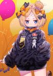  1girl abigail_williams_(fate/grand_order) absurdres balloon bandaid_on_forehead bangs belt black_bow black_jacket blonde_hair blue_eyes blush bow crossed_bandaids fate/grand_order fate_(series) forehead gradient gradient_background hair_bun heroic_spirit_traveling_outfit high_collar highres jacket kawachi_rin long_hair looking_at_viewer orange_background orange_bow parted_bangs sleeves_past_wrists solo sparkle thighs 