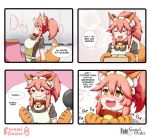  4koma :3 animal_ear_fluff animal_ears apron bell bell_collar box cat_hair_ornament cat_paws collar comic drooling english_text fangs fate/grand_order fate_(series) fox_ears fox_girl fox_tail frying_pan gloves hair_ornament highres jingle_bell keita_naruzawa kotatsu maid_headdress paw_gloves paws pink_hair table tail tamamo_(fate)_(all) tamamo_cat_(fate) yellow_eyes 