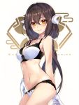  1girl arm_behind_back azur_lane bangs blush bra breasts brown_hair closed_mouth collarbone cowboy_shot eyebrows_visible_through_hair gloves hair_between_eyes hair_ornament horns lingerie long_hair looking_at_viewer low_twintails medium_breasts mikasa_(azur_lane) navel panties ribbon-trimmed_bra ribbon-trimmed_panties shirokitsune sidelocks skindentation smile solo stomach twintails underwear underwear_only white_bra white_gloves white_panties 