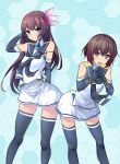  2girls black_gloves black_legwear black_neckwear black_sailor_collar blue_background brown_eyes brown_hair closed_mouth commentary_request cosplay elbow_gloves feet_out_of_frame fingers_together gloves gradient_hair hair_ornament highres honeycomb_(pattern) honeycomb_background inu3 kantai_collection kisaragi_(kantai_collection) leaning_forward long_hair looking_at_viewer multicolored_hair multiple_girls mutsuki_(kantai_collection) neckerchief open_mouth redhead sailor_collar samidare_(kantai_collection) samidare_(kantai_collection)_(cosplay) school_uniform serafuku shirt short_hair skirt sleeveless sleeveless_shirt smile standing suzukaze_(kantai_collection) suzukaze_(kantai_collection)_(cosplay) thigh-highs upper_teeth white_skirt zettai_ryouiki 