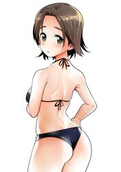  1girl :o ass back bangs bikini black_bikini blush breasts brown_eyes brown_hair commentary cowboy_shot eyebrows_visible_through_hair girls_und_panzer hand_on_hip looking_at_viewer looking_back medium_breasts nakasone_haiji parted_bangs parted_lips sawa_azusa short_hair simple_background skindentation solo standing swimsuit wedgie white_background 