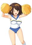 1girl :d ;d armpits arms_up bare_shoulders blue_buruma blush breasts brown_eyes brown_hair buruma cheerleader collarbone feet_out_of_frame gluteal_fold hair_ribbon hairband haruhisky highres holding impossible_clothes impossible_shirt kneehighs large_breasts one_eye_closed open_mouth orange_hairband orange_ribbon pom_poms ribbon shirt short_hair sleeveless sleeveless_shirt smile solo standing suzumiya_haruhi suzumiya_haruhi_no_yuuutsu white_legwear white_shirt 
