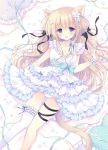  1girl :d animal_ear_fluff animal_ears asymmetrical_legwear bangs bed_sheet black_bow blue_flower blush bow cat_ears dress eyebrows_visible_through_hair flower frilled_dress frilled_legwear frilled_pillow frills hair_between_eyes hair_bow hair_flower hair_ornament hand_up hasekura_chiaki highres holding holding_ribbon layered_dress light_brown_hair long_hair looking_at_viewer lying on_back open_mouth original panties pillow pink_ribbon pleated_dress polka_dot purple_flower ribbon single_thighhigh smile solo thigh-highs underwear very_long_hair violet_eyes white_dress white_legwear white_panties wrist_cuffs 