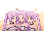  3girls ? armband choker collarbone euryale fate/grand_order fate/stay_night fate_(series) lace lace_choker long_hair looking_at_viewer multiple_girls pink_collar pointing pointing_at_self ponytail purple_hair rider siblings sisters smile spoken_question_mark stheno twintails violet_eyes wonderfulwaterr 