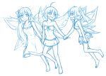  3girls :d ahoge bandeau bare_arms bare_legs bare_shoulders barefoot blue_theme collarbone dress eyebrows_visible_through_hair eyes_visible_through_hair fairy fairy_wings flat_chest hair_ribbon hand_holding lilli_(rabi-ribi) lineart long_hair looking_at_another monochrome multiple_girls navel open_mouth pixie_(rabi-ribi) pointy_ears rabi-ribi ribbon ribbon_(rabi-ribi) short_hair simple_background skirt sleeveless sleeveless_dress smile speckticuls stomach strapless twintails very_long_hair white_background wings 