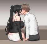  1boy 1girl bangs bare_shoulders black_pants black_sweater breasts brown_hair closed_eyes collared_shirt couple glasses high_ponytail highres interlocked_fingers kiss large_breasts long_hair mimyo off-shoulder_shirt off_shoulder original pants ponytail shirt short_hair short_shorts shorts sidelocks sitting sweater thighs white_shirt white_shorts 