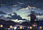  ambiguous_gender bed black_hair blue_sky building choc0_(oda0208) clouds facing_away fan highres lake monitor mountain night night_sky on_roof original scenery shorts sitting sky solo weather_vane window 