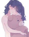  1girl absurdres artist_request black_hair commentary_request convenient_censoring doll_hug fukumaru_koito highres idolmaster idolmaster_shiny_colors looking_at_viewer nude object_hug solo stuffed_animal stuffed_toy teddy_bear twintails upper_body violet_eyes white_background 