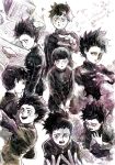  1boy bangs black_eyes black_hair blunt_bangs crying crying_with_eyes_open gakuran highres kageyama_shigeo looking_at_viewer mob_psycho_100 monochrome open_mouth rubble sad school_uniform short_hair sketch smile sweat tears traditional_media wide-eyed worried 