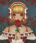  1girl absurdres bare_shoulders blonde_hair braid dress earrings flower highres holding holding_flower jewelry kim_eul_bong looking_at_viewer maid_headdress off-shoulder_dress off_shoulder original parted_lips red_eyes red_flower red_lips red_rose rose tears upper_body 