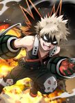  1boy bakugou_katsuki bare_shoulders black_gloves black_mask_(clothing) blonde_hair boku_no_hero_academia boots brown_footwear brown_legwear collarbone commentary_request explosion explosive eye_mask face_mask foot_out_of_frame gloves grenade looking_at_viewer male_focus mask open_mouth pants red_eyes red_gloves shirt short_hair solo spiky_hair teeth two-tone_gloves vorupi 
