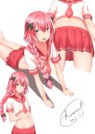  1boy artist_name ass_visible_through_thighs astolfo_(fate) bangs black_bow blush bow braid collarbone commentary_request dated dot_nose eyebrows_visible_through_hair fang fate/apocrypha fate/grand_order fate_(series) hair_between_eyes hair_bow hand_on_own_stomach kaname_(melaninusa09) long_braid long_hair looking_at_viewer male_focus miniskirt multiple_views navel open_mouth otoko_no_ko pink_hair pink_neckwear pink_skirt pleated_skirt sailor_collar simple_background single_braid skirt smile violet_eyes white_background 