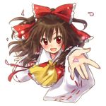  1girl :d ascot bangs bow brown_hair cherry_blossoms collarbone detached_sleeves hair_between_eyes hair_bow hair_tubes hakurei_reimu long_hair long_sleeves looking_at_viewer lowres moriya_ako open_mouth outstretched_arm petals red_bow red_eyes ribbon-trimmed_sleeves ribbon_trim simple_background smile solo touhou white_background wide_sleeves yellow_neckwear 