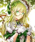  1girl bangs blonde_hair blurry blurry_foreground blush bonnet bow bowtie breasts chair closed_mouth commentary cup ddaomphyo depth_of_field english_commentary eyebrows_visible_through_hair glasses gloves green_bow green_eyes green_neckwear highres holding holding_cup layered_sleeves leaf long_hair long_sleeves looking_at_viewer original semi-rimless_eyewear shirt small_breasts smile solo teacup under-rim_eyewear upper_body very_long_hair water_drop white_gloves white_shirt yellow-framed_eyewear 