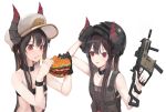  1girl arm_up bangosu bangs bare_arms bare_shoulders beef beltbra black_gloves black_hair breasts brown_hair buckle cheese cheese_trail collar collarbone commentary_request copyright_request curled_horns demon_horns eating eyebrows_visible_through_hair fingernails food food_on_face gloves gun hair_between_eyes hamburger hat highres holding holding_food holding_gun holding_weapon horns long_hair looking_away mask mask_on_head military_hat multiple_girls multiple_views onion open_mouth playerunknown&#039;s_battlegrounds red_eyes round_teeth salad sidelocks simple_background single_glove small_breasts sweatband teeth tomato trigger_discipline under_boob upper_body upper_teeth v-shaped_eyebrows very_long_hair virtual_youtuber weapon weapon_request white_background white_headwear 