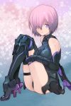  1girl armored_leotard black_gloves black_legwear black_leotard breasts breasts_apart elbow_gloves eyebrows_visible_through_hair fate/grand_order fate_(series) faulds gloves hair_over_one_eye high_heels kikumaru_bunta leotard looking_at_viewer mash_kyrielight medium_breasts pink_hair shiny shiny_clothes shiny_skin short_hair sitting solo sparkle thigh-highs thigh_strap violet_eyes 