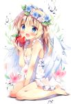  1girl :d ahoge angel angel_wings apple bangs bare_arms bare_shoulders blonde_hair blue_eyes blue_flower blue_rose blush breasts cleavage collarbone commentary_request dress eating eyebrows_visible_through_hair feathered_wings fingernails flower flower_wreath food frilled_dress frills fruit full_body hair_between_eyes hair_flower hair_ornament head_wreath holding holding_food leaf long_hair looking_at_viewer open_mouth original pan_(mimi) pink_flower red_apple rose simple_background sitting sleeveless sleeveless_dress small_breasts smile solo wariza water water_drop white_background white_dress white_flower white_wings wings 