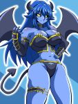  1girl bare_shoulders black_panties black_sclera black_wings blue_background blue_hair blue_nails blue_skin breasts cleavage demon_girl demon_tail elbow_gloves fingerless_gloves gloves hand_on_hip highres horns inaba_(tensai21) large_breasts long_hair nail_polish navel original panties sidelocks smile solo spiked_thighlet standing tail underwear wings yellow_eyes 
