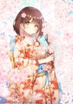  1girl ayamy blurry blurry_foreground brown_hair cherry_blossoms collarbone commentary_request copyright_request cowboy_shot depth_of_field floral_print flower hair_flower hair_ornament highres holding japanese_clothes kimono long_sleeves looking_at_viewer obi orange_eyes orange_kimono original parted_lips pink_flower print_kimono sash short_hair sidelocks solo standing tree tree_branch watermark wide_sleeves yukata 