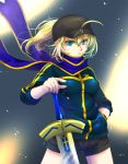  1girl ahoge aqua_eyes artoria_pendragon_(all) baseball_cap black_headwear black_shorts blonde_hair blue_scarf blue_sweater chi_wa cowboy_shot fate/grand_order fate_(series) floating_hair frown hand_in_pocket hand_on_hilt hat index_finger_raised long_hair long_sleeves looking_at_viewer mysterious_heroine_x ponytail scarf short_shorts shorts solo standing sweater 