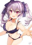  1girl absurdres alternate_breast_size bangs bare_shoulders blush bra breasts cleavage drill_hair grey_hair hair_ribbon highres idolmaster idolmaster_cinderella_girls kanzaki_ranko large_breasts long_hair looking_at_viewer nenobi_(nenorium) open_mouth panties purple_bra purple_panties purple_ribbon reaching_out red_eyes ribbon sidelocks signature simple_background smile solo symbol-shaped_pupils twin_drills twintails underwear underwear_only white_background 