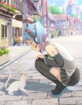  1girl aqua_eyes bare_shoulders blue_hair blurry blurry_background blush castle cat city detached_sleeves from_side hair_ornament hands_on_own_knees hatsune_miku headset highres kawadancho looking_down medium_hair open_mouth outdoors road shadow shirt shop shoulder_tattoo skirt sleeveless sleeveless_shirt squatting street tattoo thigh-highs twintails vocaloid white_cat 