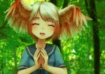  1girl :d ^_^ blue_serafuku closed_eyes closed_eyes commentary_request day facing_viewer forest gradient_hair hands_together happy head_wings multicolored_hair nature open_mouth original outdoors redhead short_hair short_sleeves signature smile solo spread_wings steepled_fingers tokiko_(welt_(kinsei_koutenkyoku)) upper_body welt_(kinsei_koutenkyoku) white_hair 