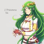  1girl alternate_costume belt blush contemporary fingerless_gloves gloves green_eyes green_hair gurepyon jacket jewelry kid_icarus long_hair looking_at_viewer navel necklace nintendo palutena shirt smile super_smash_bros. tiara very_long_hair 