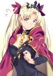  1girl akapug621 black_nails black_shirt blonde_hair blush bow breasts cape choker diadem earrings ereshkigal_(fate/grand_order) eyebrows_visible_through_hair fate/grand_order fate_(series) hair_bow jewelry long_hair long_sleeves looking_at_viewer medium_breasts nail_polish parted_lips print_cape red_bow red_cape red_eyes shirt simple_background single_sleeve skull solo standing sweatdrop twintails upper_body very_long_hair white_background 