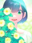  1girl bangs black_hair blunt_bangs blurry blurry_background bob_cut camellia eyebrows_visible_through_hair flower green_eyes highres leaf looking_at_viewer nobile1031 one_eye_covered open_mouth original plant portrait smile solo white_flower 