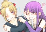  2girls absurdres arm_around_back bare_shoulders blonde_hair blush breasts collarbone detached_sleeves embarrassed eyebrows_visible_through_hair folded_ponytail gintama glasses grin hand_on_another&#039;s_shoulder highres japanese_clothes kimono large_breasts long_hair multiple_girls one_eye_closed paleatus purple_hair red-framed_eyewear sarutobi_ayame scar scarf simple_background smile tsukuyo_(gintama) violet_eyes 