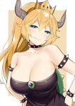  1girl bangs bare_shoulders black_collar black_dress blonde_hair bowsette bracelet breasts cleavage collar crown dress eyebrows_visible_through_hair eyes_visible_through_hair hair_between_eyes half-closed_eyes hands_on_hips highres horns huge_breasts jewelry looking_at_viewer super_mario_bros. new_super_mario_bros._u_deluxe nintendo ponytail sidelocks sky_(freedom) smile solo spiked_armlet spiked_bracelet spiked_collar spiked_shell spikes strapless strapless_dress super_crown turtle_shell upper_body 