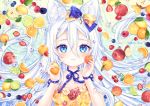  1girl :3 animal_ear_fluff animal_ears apple bangs blue_bow blue_eyes blueberry blush bow cat_ears cherry closed_mouth commentary dress english_commentary flower food food_print food_request fruit hair_between_eyes hair_bow hands_up holding holding_food holding_fruit kiwifruit lemon lime_(fruit) long_hair natsumii_chan orange orange_bow orange_dress original peach pear print_dress raspberry red_apple red_flower red_rose rose school_uniform solo strapless strapless_dress strawberry very_long_hair white_flower white_hair white_rose 