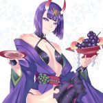  1girl akapug621 bangs blunt_bangs collarbone cup fangs fate/grand_order fate_(series) flat_chest food fruit grapes hair_ornament holding horns japanese_clothes kimono looking_at_viewer obi open_clothes open_kimono purple_hair purple_kimono sakazuki sash shiny shiny_hair shiny_skin short_hair shuten_douji_(fate/grand_order) sitting solo thigh-highs violet_eyes white_background 