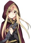  1girl blonde_hair cape ereshkigal_(fate/grand_order) eyebrows_visible_through_hair fate/grand_order fate_(series) floating_hair hair_between_eyes hood hood_up long_hair long_sleeves looking_at_viewer parted_lips red_eyes red_hood shiseki_hirame simple_background skull solo upper_body white_background 