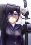  1girl black_gloves cape copyright_name dirty_face gloves highres holding holding_sword holding_weapon inna_the_queen_of_the_ruined_country katana pixiv_fantasia pixiv_fantasia_last_saga purple_hair sheath short_hair solo sweat sword upper_body violet_eyes weapon yukimarunisiki 