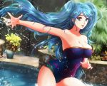  1girl arcade_sona blue_eyes blue_hair blue_swimsuit breasts casual_one-piece_swimsuit cleavage day esther floating_hair large_breasts league_of_legends long_hair looking_at_viewer nail_polish one-piece_swimsuit open_mouth outdoors outstretched_arm outstretched_hand pool red_lips red_nails sideboob signature solo sona_buvelle standing strapless strapless_swimsuit swimsuit twintails very_long_hair 