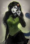  black_hair homestuck long_hair looking_at_viewer meulin_leijon peace_sign scoutrage simple_background smile 