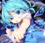  1girl absurdres blue_dress blue_eyes blue_hair blue_nails bow cirno clenched_hands clenched_teeth close-up clouds commentary_request crystal_sword dated dress face grin gunjou_row hair_between_eyes hair_bow head_tilt highres holding holding_weapon ice looking_at_viewer nail_polish outstretched_arm pinafore_dress puffy_short_sleeves puffy_sleeves reverse_grip shirt short_hair short_sleeves signature sky smile solo star_(sky) starry_sky sword teeth thick_eyebrows touhou uneven_eyes upper_body weapon white_shirt 
