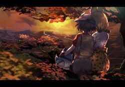  2girls absurdres animal_ears backpack bag black_gloves black_hair blonde_hair blurry blurry_foreground brown_shorts commentary dappled_sunlight depth_of_field from_behind gloves hat_feather helmet high-waist_skirt highres kaban_(kemono_friends) kemono_friends leaf letterboxed lucky_beast_(kemono_friends) multiple_girls outdoors pith_helmet red_shirt scenery serval_(kemono_friends) serval_ears serval_print serval_tail shirt short_sleeves shorts side-by-side sitting skirt sleeveless sleeveless_shirt sunlight sunset tail tree white_headwear white_shirt yamaori_(yamaorimon) yellow_skirt 