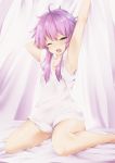  1girl ;o ahoge armpits arms_up bangs bare_legs barefoot bed_sheet blush commentary_request curtains eyebrows_visible_through_hair indoors looking_at_viewer no_pants on_bed one_eye_closed open_mouth purple_hair shirt short_hair_with_long_locks short_sleeves sidelocks sitting solo stretch violet_eyes vocaloid voiceroid waking_up wariza white_shirt yarareimu yawning yuzuki_yukari 