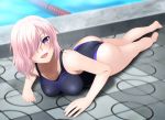  1girl :d adapted_costume ass barefoot black_swimsuit blush casual_one-piece_swimsuit collarbone fate/grand_order fate_(series) full_body hair_over_one_eye long_hair looking_at_viewer lying mash_kyrielight on_stomach one-piece_swimsuit open_mouth outdoors pool shiny shiny_skin silver_hair smile solo swimsuit violet_eyes yadokari_genpachirou 